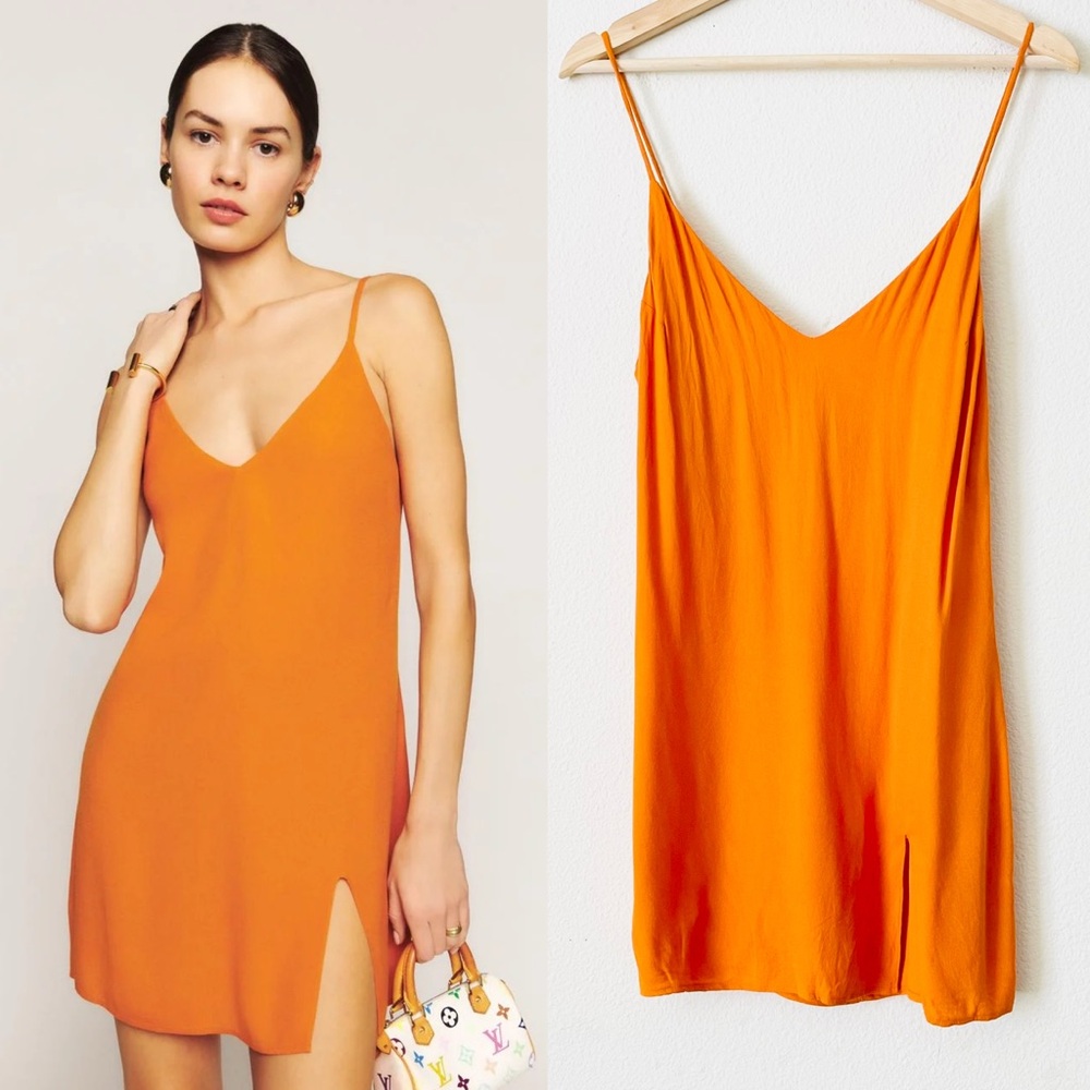 Reformation SMALL Marlowe mini Vneck dress in Nectarine orange